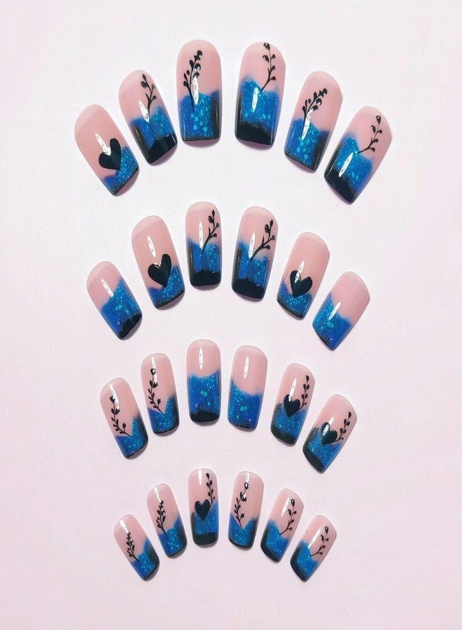OCOUYVD Blue Gradient French Tip Press on Nails Short Square Shaped False Nails Heart Love Pattern Designs Glitter Acrylic Fake Nails Full Cover Glossy Artificial Stick on Nail Women Nail Art DIY 24 Pcs - Image 4